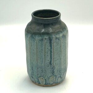 Vintage Earth Spirit Pottery Vase Vessel Hand Made in Seagrove NC 1992 Blue
